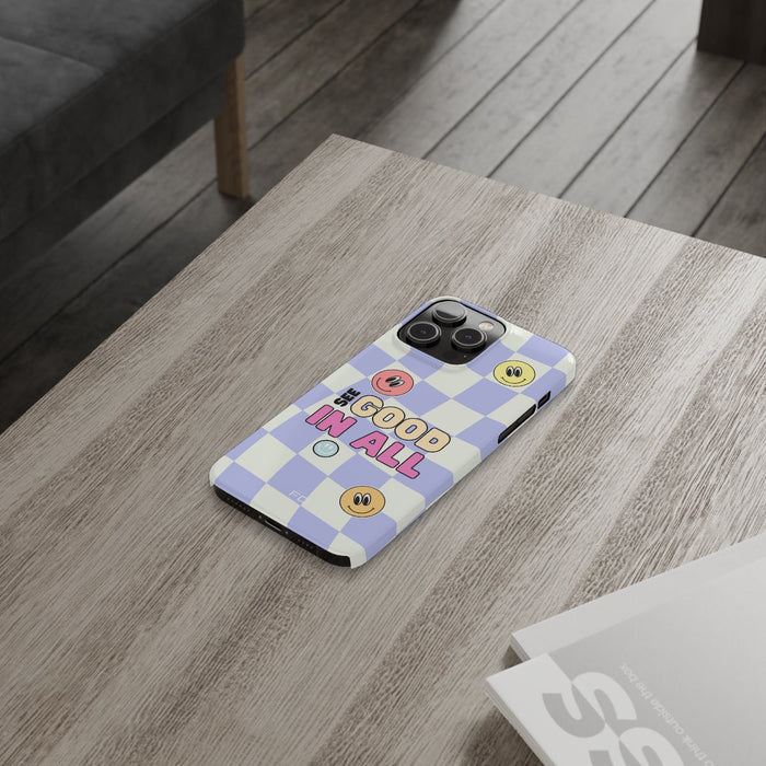 Slim Case for iPhone 14, 14 PRO and 14 PRO MAX with a Joyful Expression and Uplifting Message: lavender, white smiley faces a