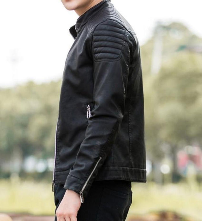 Slim-Fit Faux Leather Motorcycle Jacket for Men: black jacket, biker moto style