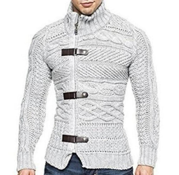 Slim Fit High Collar Men's Cardigan: light gray, dark brown zip-front knit sweater, fitted textured knit style
