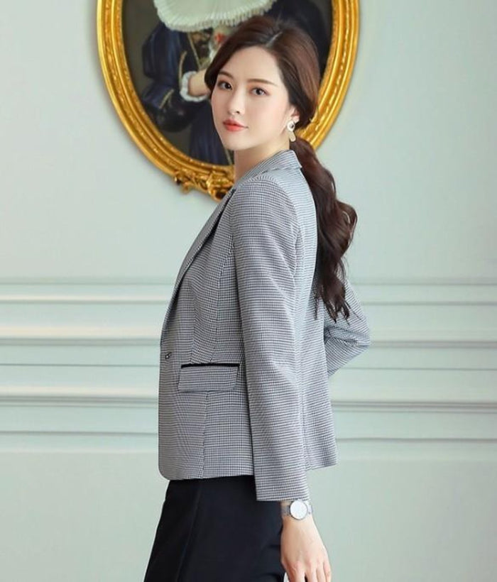 Slim Fit Houndstooth Blazer for Women: gray, black blazer jacket, tailored, smart casual style