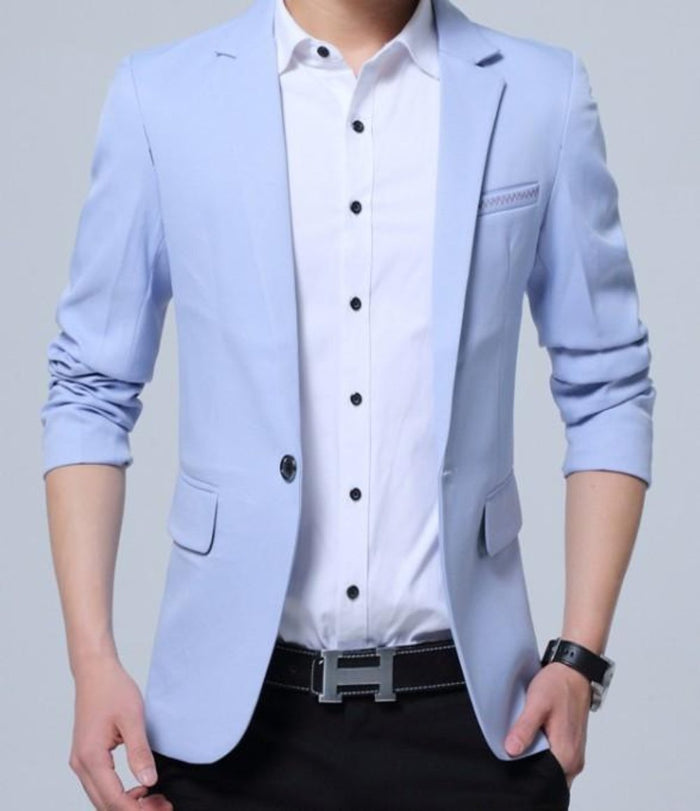 Slim Fit Men's Fashion Blazer in K-Style: light blue blazer jacket, smart casual style