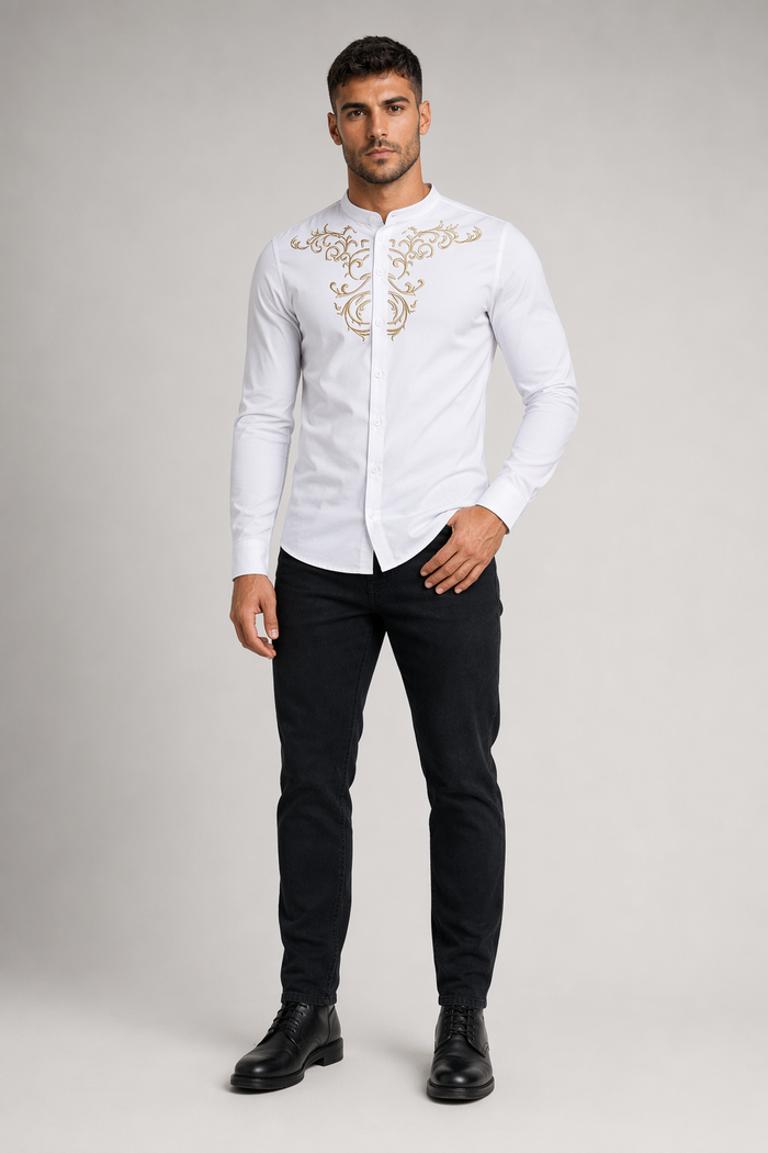 Slim Fit Men's Floral Embroidered Button Down Shirt White