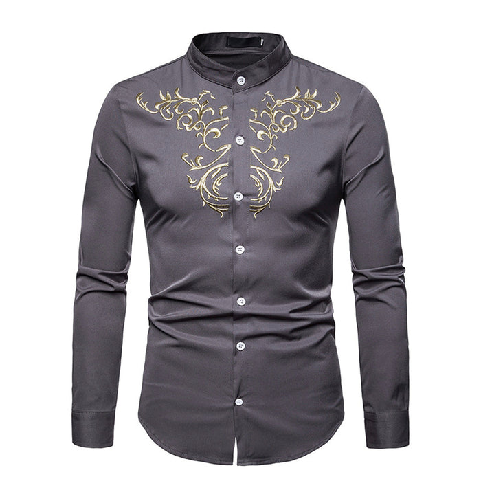 Slim Fit Men's Floral Embroidered Button Down Shirt: dark navy blue, gold long-sleeve button-up shirt, dressy ornamental styl