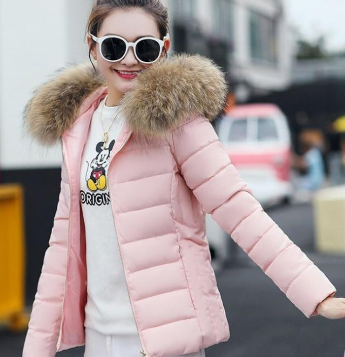 Slim Fit Pink Hooded Winter Zip Up Short Coat for Women: light pink, brown/tan fur trim hooded puffer jacket, casual winter o