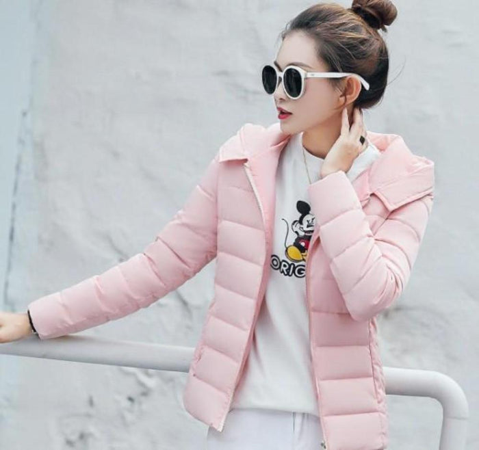 Slim Fit Pink Hooded Winter Zip Up Short Coat for Women: light pink, brown/tan fur trim hooded puffer jacket, casual winter o