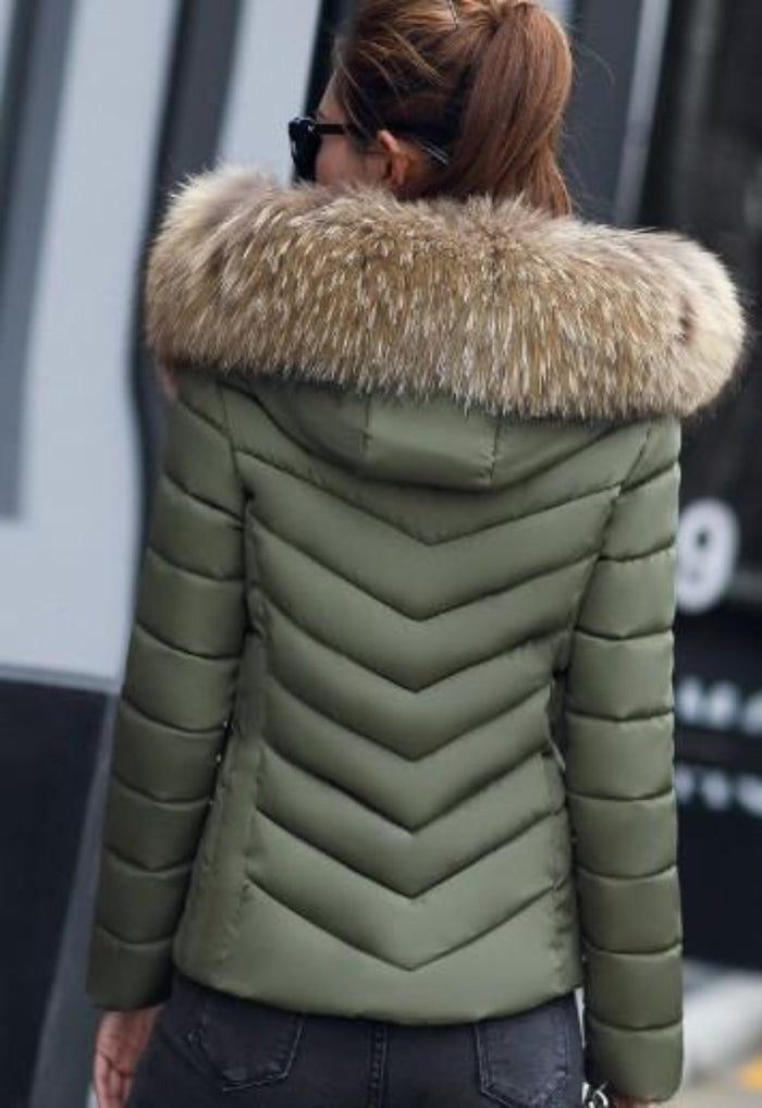 Slim Fit Pink Hooded Winter Zip Up Short Coat for Women: light pink, brown/tan fur trim hooded puffer jacket, casual winter o