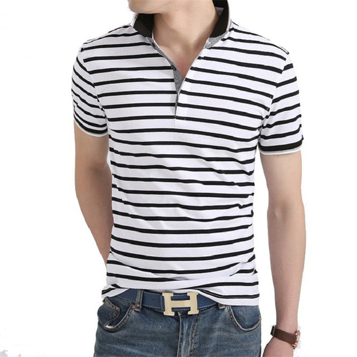 Slim Fit Polo Shirt for Men with Short Sleeves in Stripes: white, black short-sleeve polo shirt, casual striped style