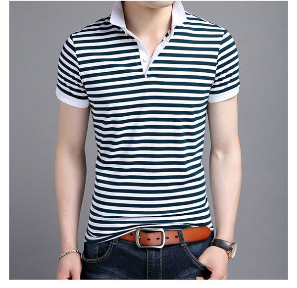Slim Fit Polo Shirt for Men with Short Sleeves in Stripes: white, black short-sleeve polo shirt, casual striped style