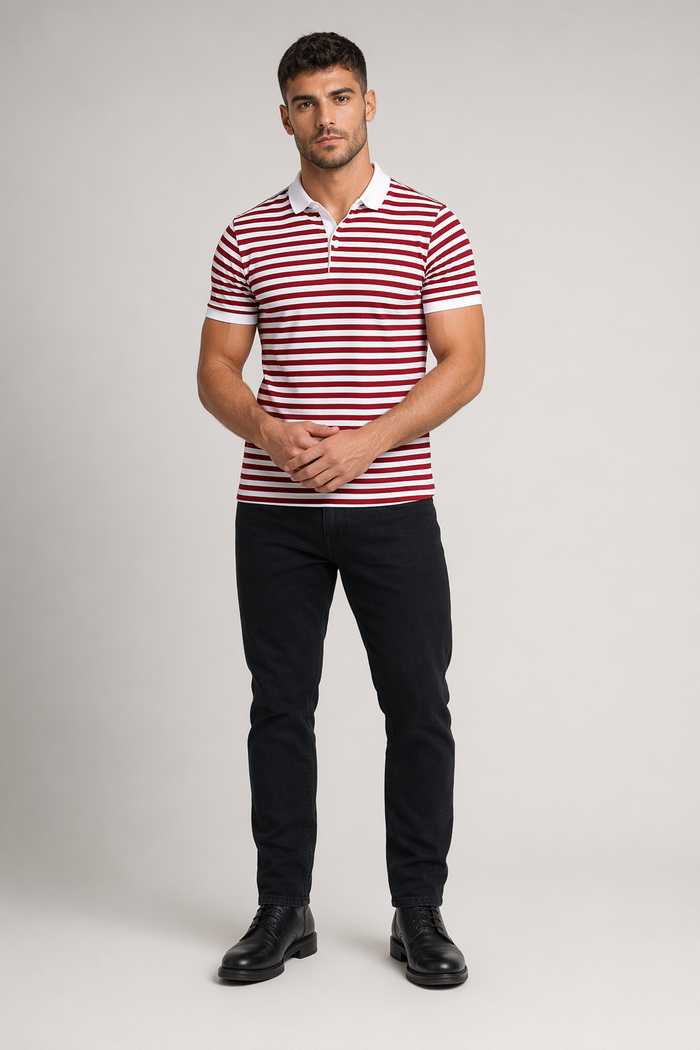 Slim Fit Polo Shirt for Men with Short Sleeves in Stripes Red
