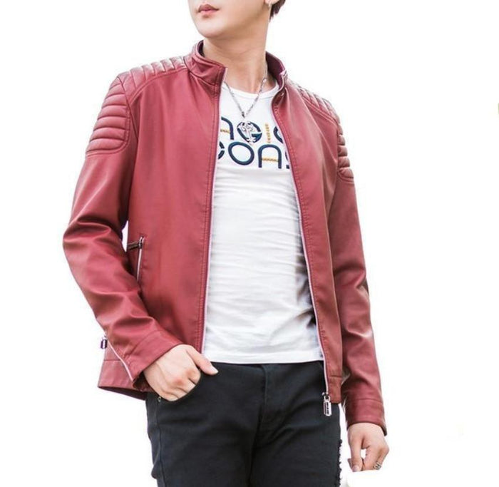 Slim-Fit Red Faux Leather Biker Jacket for Men: burgundy red, black jacket, modern moto/biker style