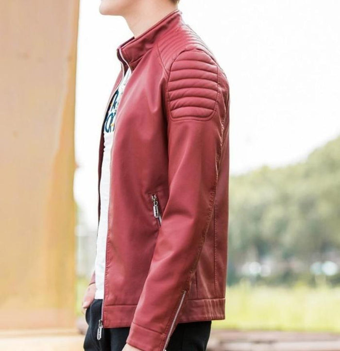 Slim-Fit Red Faux Leather Biker Jacket for Men: burgundy red, black jacket, modern moto/biker style