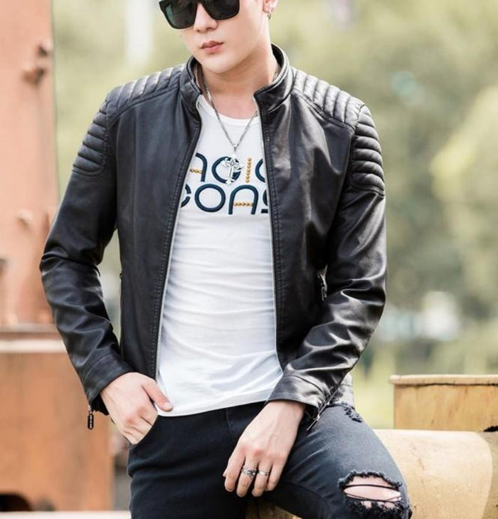 Slim-Fit Red Faux Leather Biker Jacket for Men: burgundy red, black jacket, modern moto/biker style