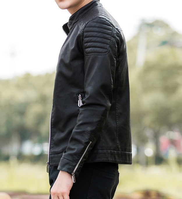 Slim-Fit Red Faux Leather Biker Jacket for Men: burgundy red, black jacket, modern moto/biker style