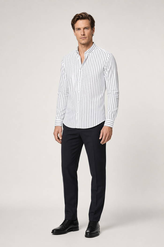 Slim Fit Vertical Stripe Button Down Shirt for Men White