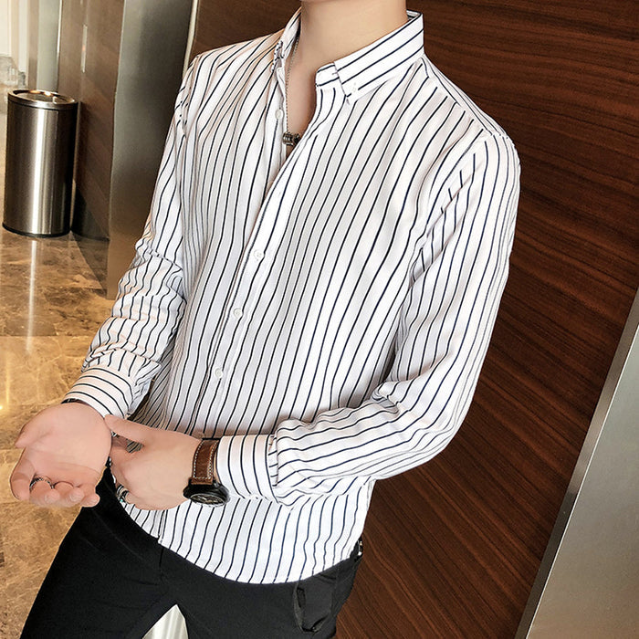 Slim Fit Vertical Stripe Button Down Shirt for Men: white, black long-sleeve button-up shirt, minimal style