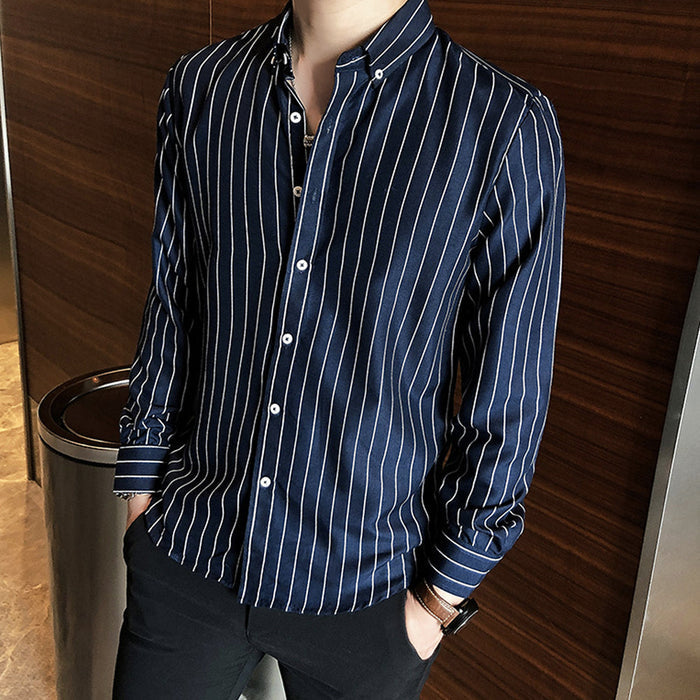 Slim Fit Vertical Stripe Button Down Shirt for Men: white, black long-sleeve button-up shirt, minimal style