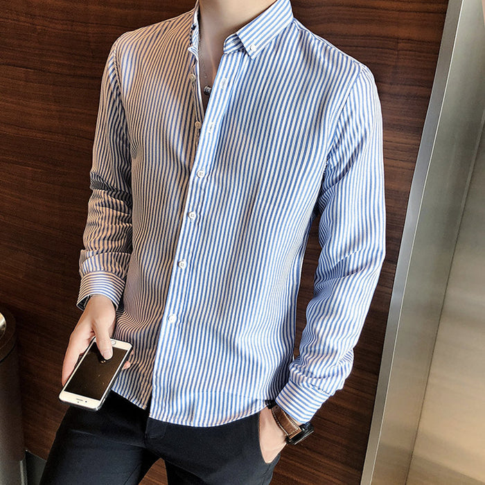 Slim Fit Vertical Stripe Button Down Shirt for Men: white, black long-sleeve button-up shirt, minimal style