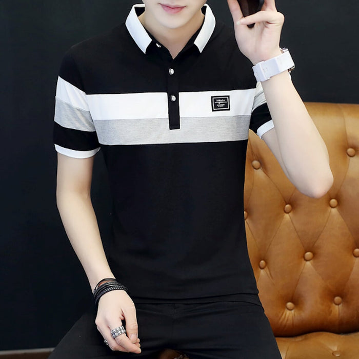 Slim Fit Wide Striped Polo Shirt for Men with Solid Back Panel: black, white short-sleeve polo shirt, casual color-blocked st