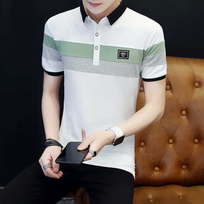Slim Fit Wide Striped Polo Shirt for Men with Solid Back Panel: black, white short-sleeve polo shirt, casual color-blocked st