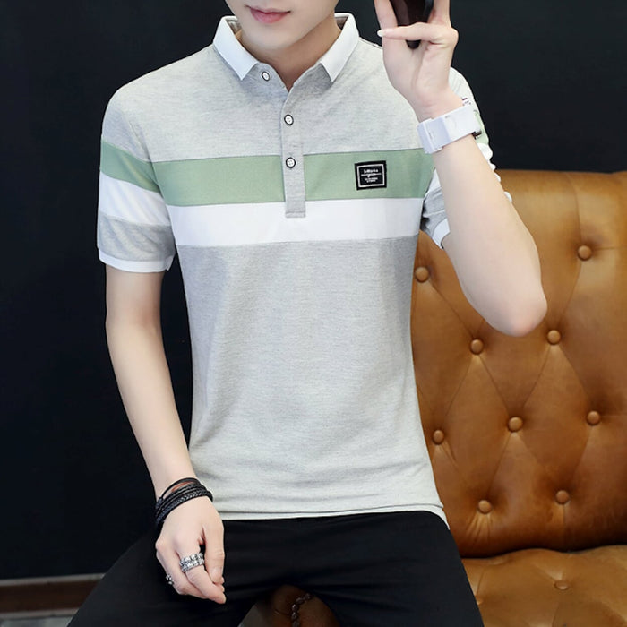 Slim Fit Wide Striped Polo Shirt for Men with Solid Back Panel: black, white short-sleeve polo shirt, casual color-blocked st