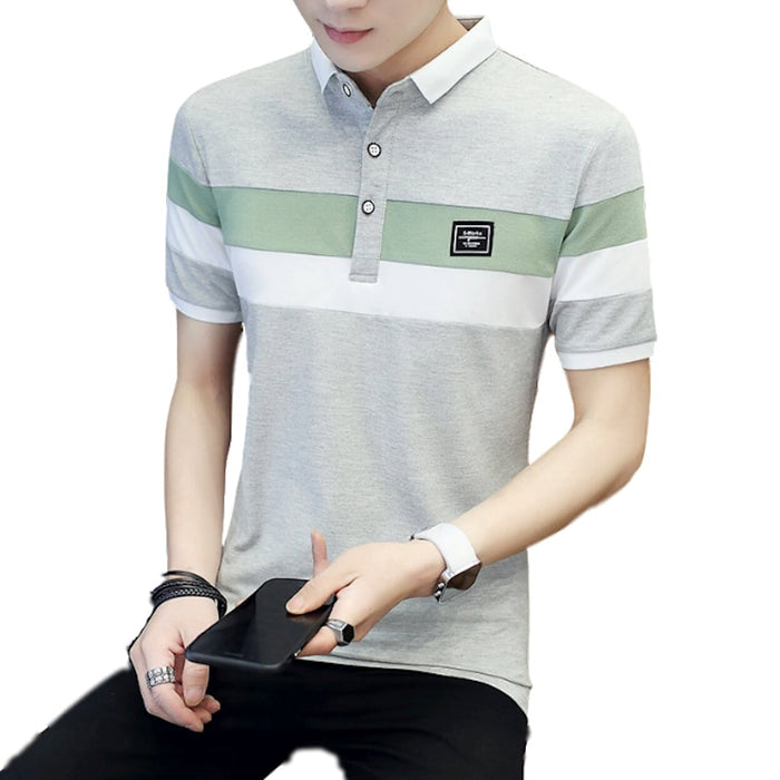 Slim Fit Wide Striped Polo Shirt for Men with Solid Back Panel: black, white short-sleeve polo shirt, casual color-blocked st
