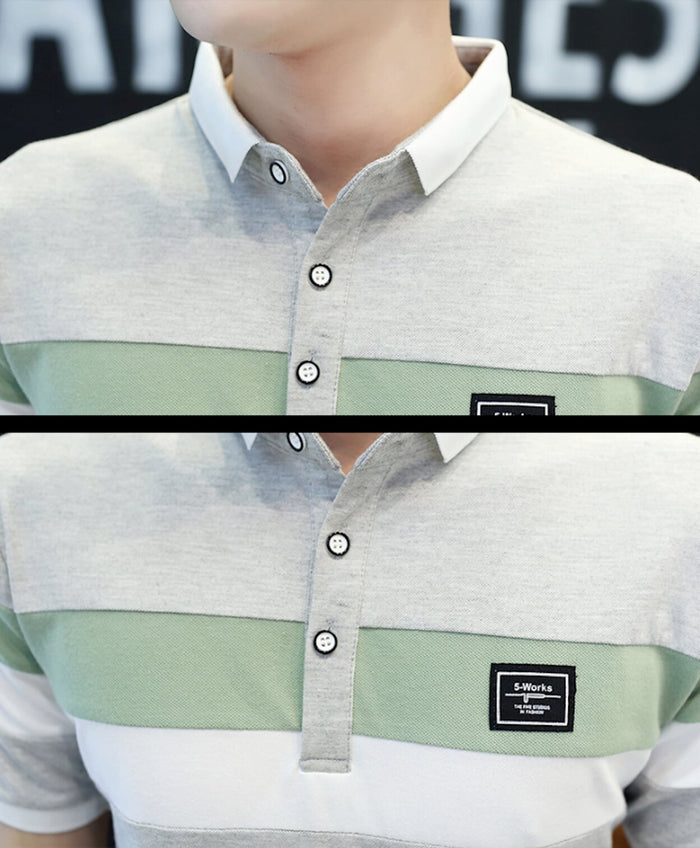 Slim Fit Wide Striped Polo Shirt for Men with Solid Back Panel: black, white short-sleeve polo shirt, casual color-blocked st