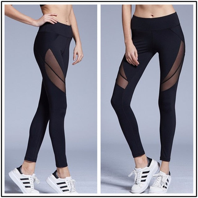Slim-Fit Yoga Leggings with Mesh Detailing for Women: black, sheer black leggings, athletic style