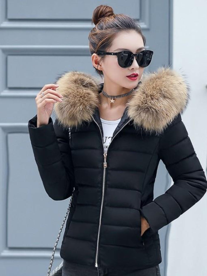 Slim-Fit Zippered Winter Coat with Hood for Women: dark red, brown hooded puffer jacket, winter outerwear style
