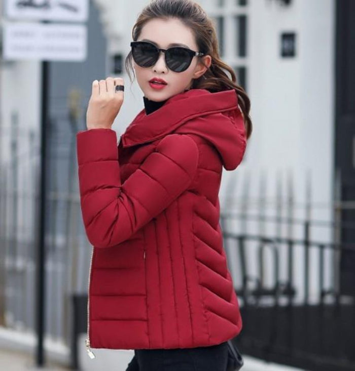 Slim-Fit Zippered Winter Coat with Hood for Women: dark red, brown hooded puffer jacket, winter outerwear style
