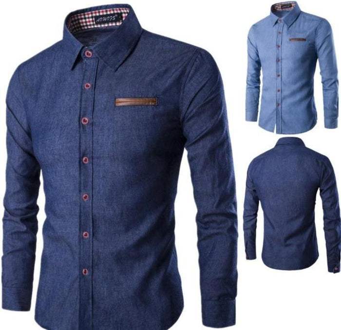 Slim-Fitting Men's Denim Shirt: dark blue, light blue long-sleeve button-up shirt, casual style