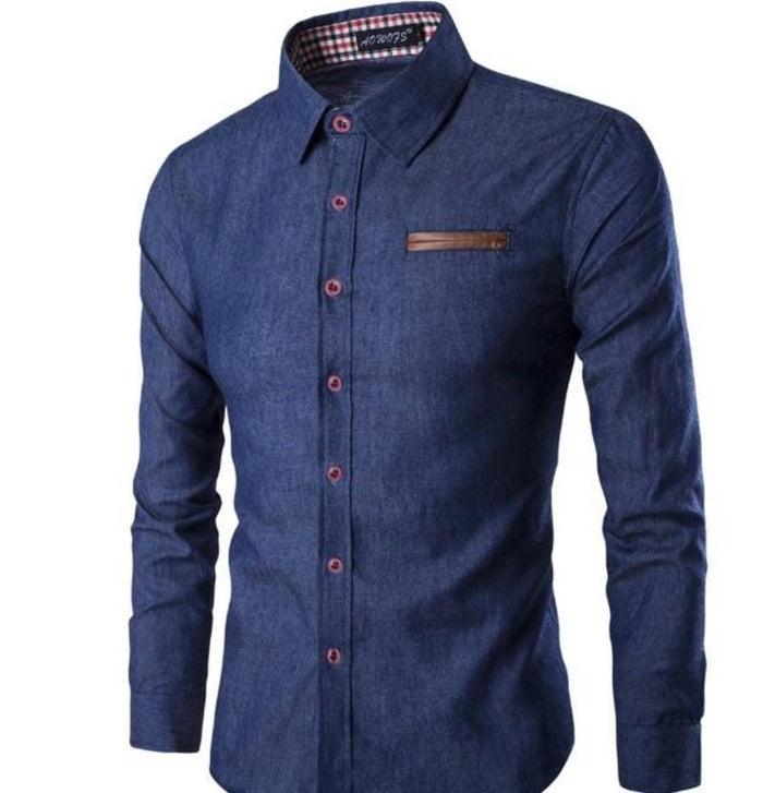 Slim-Fitting Men's Denim Shirt: dark blue, light blue long-sleeve button-up shirt, casual style