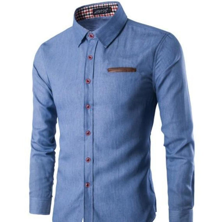 Slim-Fitting Men's Denim Shirt: dark blue, light blue long-sleeve button-up shirt, casual style