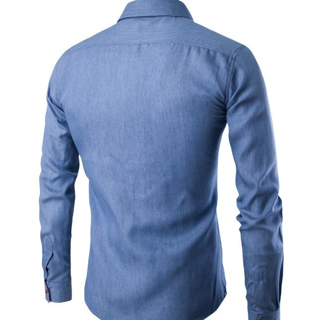 Slim-Fitting Men's Denim Shirt: dark blue, light blue long-sleeve button-up shirt, casual style