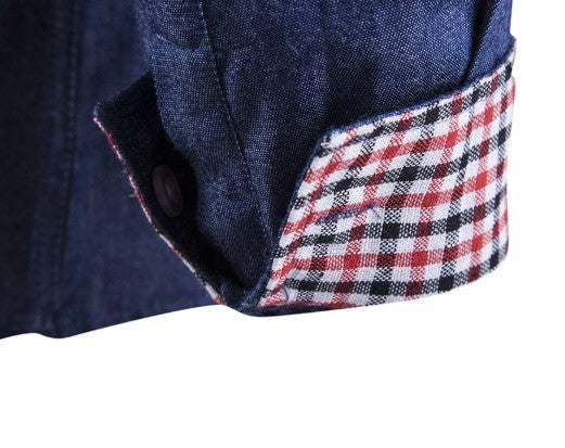 Slim-Fitting Men's Denim Shirt: dark blue, light blue long-sleeve button-up shirt, casual style