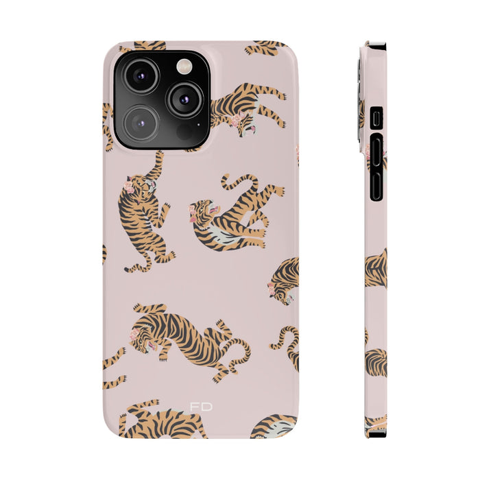 Slim iPhone Case featuring Leopard and Roses Design: pale pink, yellow-gold tigers, cartoon patterned style