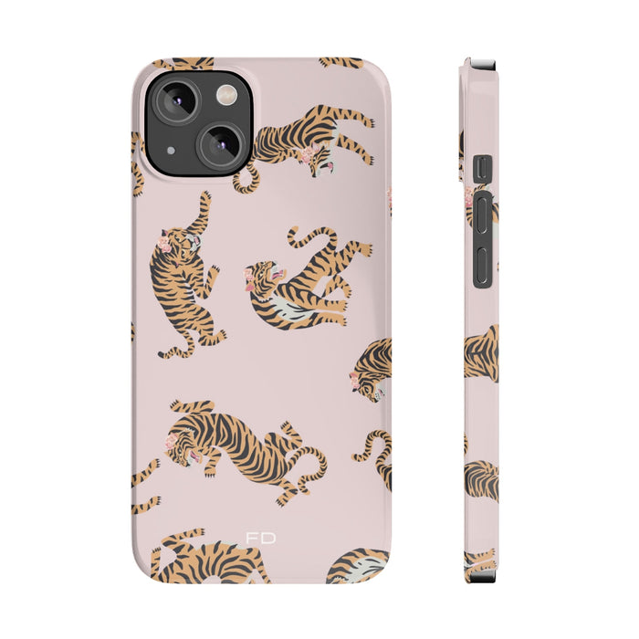 Slim iPhone Case featuring Leopard and Roses Design: pale pink, yellow-gold tigers, cartoon patterned style