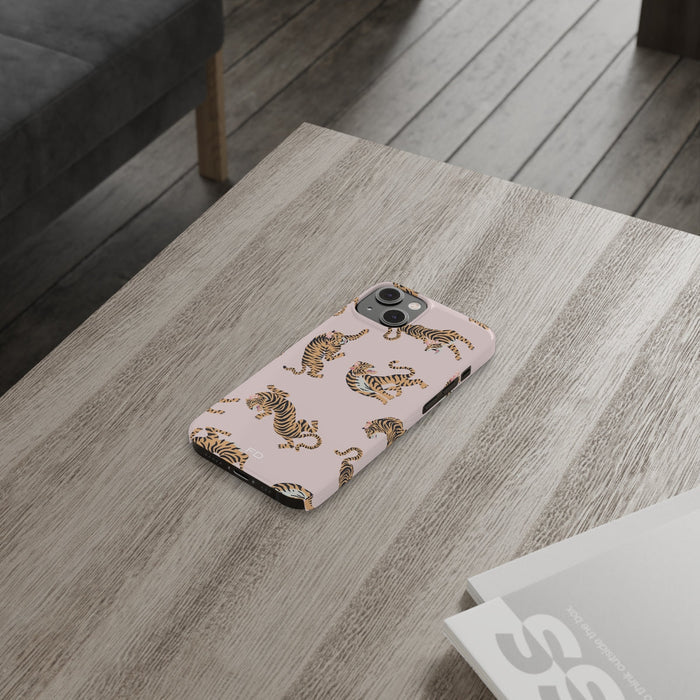 Slim iPhone Case featuring Leopard and Roses Design: pale pink, yellow-gold tigers, cartoon patterned style