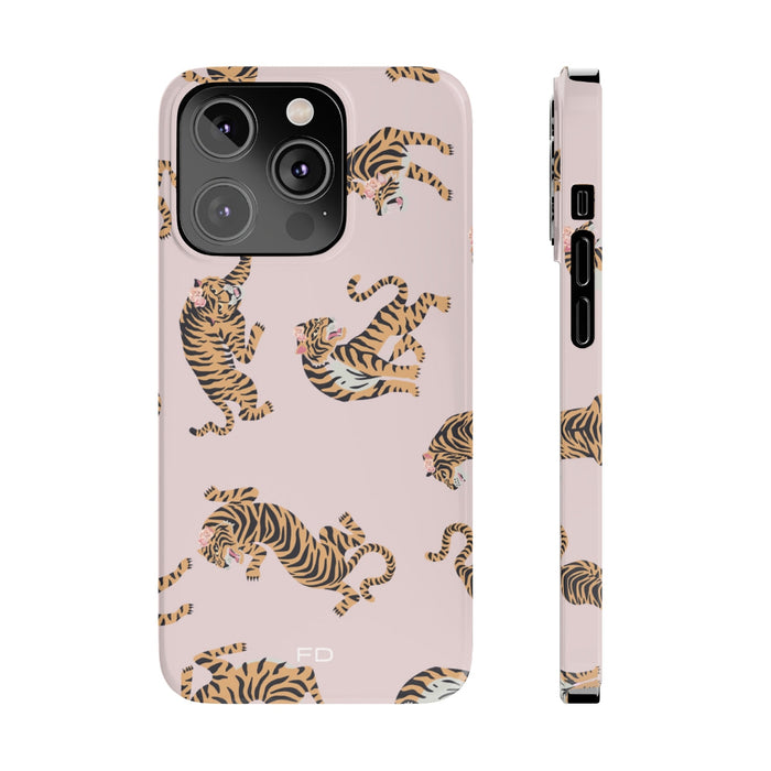 Slim iPhone Case featuring Leopard and Roses Design: pale pink, yellow-gold tigers, cartoon patterned style