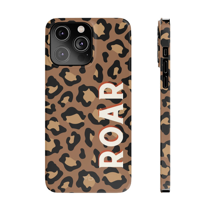 Slim iPhone Case with Leopard Print Design: tan, black leopard print, bold graphic animal print style