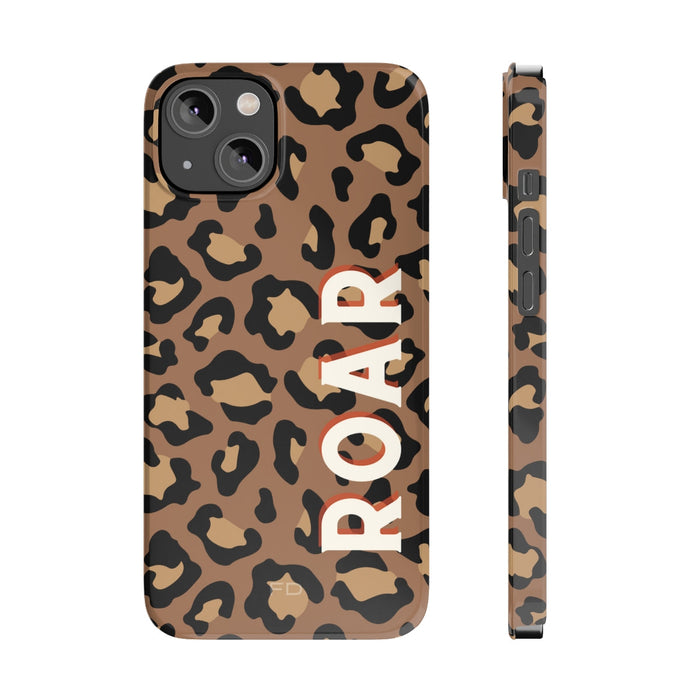 Slim iPhone Case with Leopard Print Design: tan, black leopard print, bold graphic animal print style