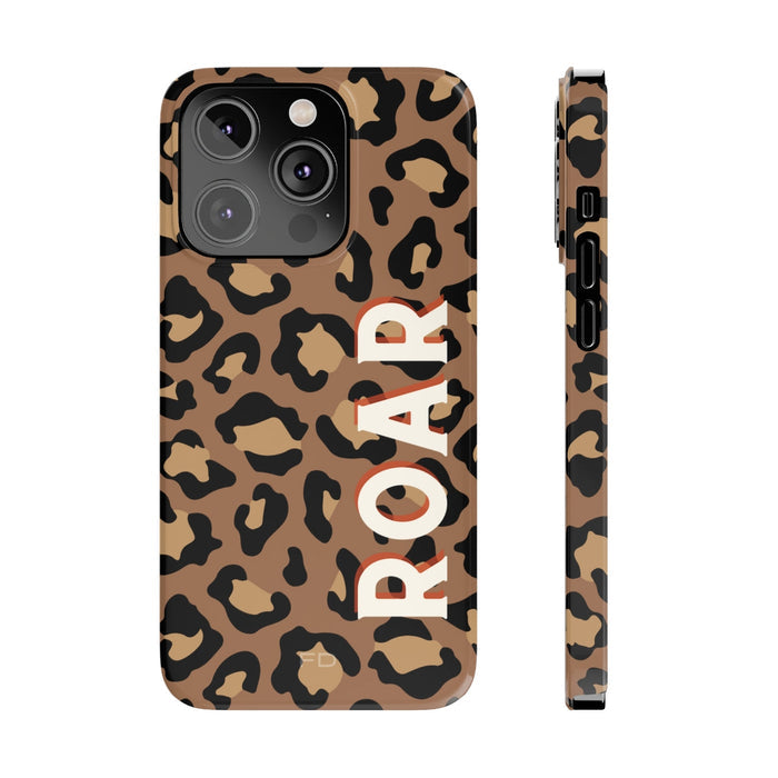 Slim iPhone Case with Leopard Print Design: tan, black leopard print, bold graphic animal print style