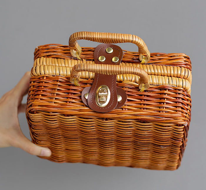 Small Retro Woven Purse: natural brown, tan handbag, vintage style