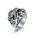 Snake-Embellished Skull Ring: silver, black human skull with snake, gothic style