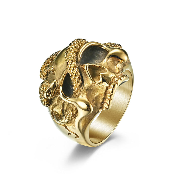 Snake-Embellished Skull Ring: silver, black human skull with snake, gothic style