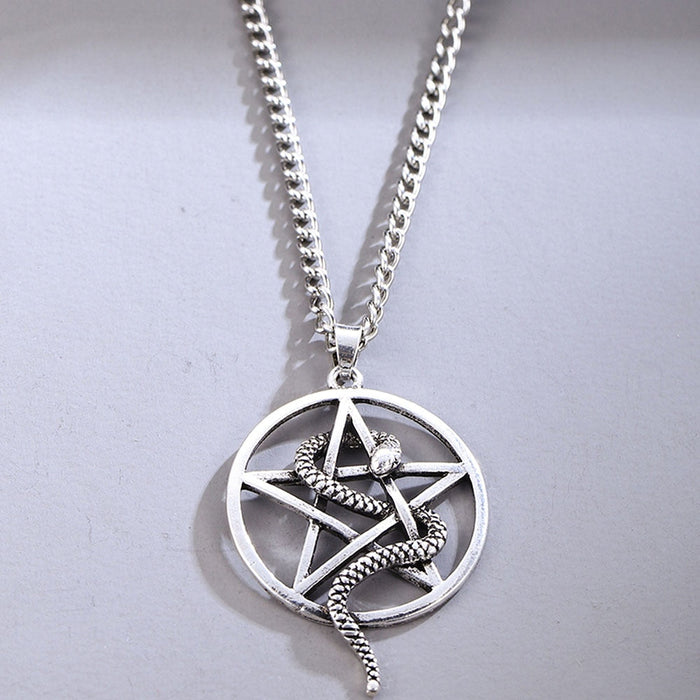 Snake Necklace, A Symbolic Five-Pointed Star Design: silver snake and pentagram, gothic occult style