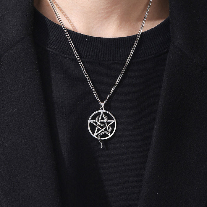 Snake Necklace, A Symbolic Five-Pointed Star Design: silver snake and pentagram, gothic occult style