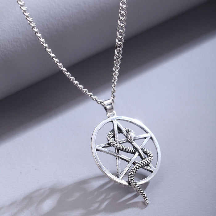 Snake Necklace, A Symbolic Five-Pointed Star Design: silver snake and pentagram, gothic occult style
