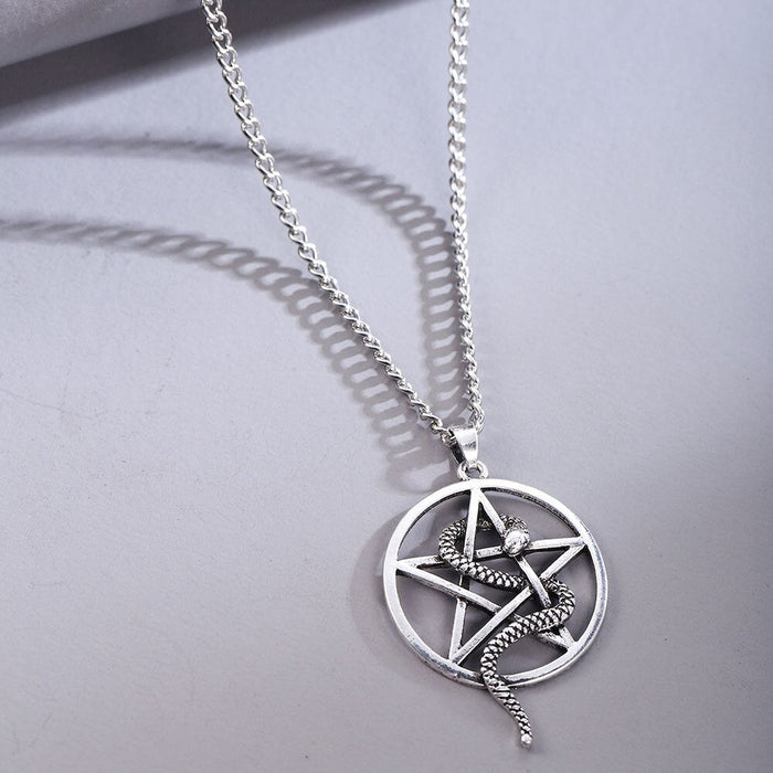 Snake Necklace, A Symbolic Five-Pointed Star Design: silver snake and pentagram, gothic occult style
