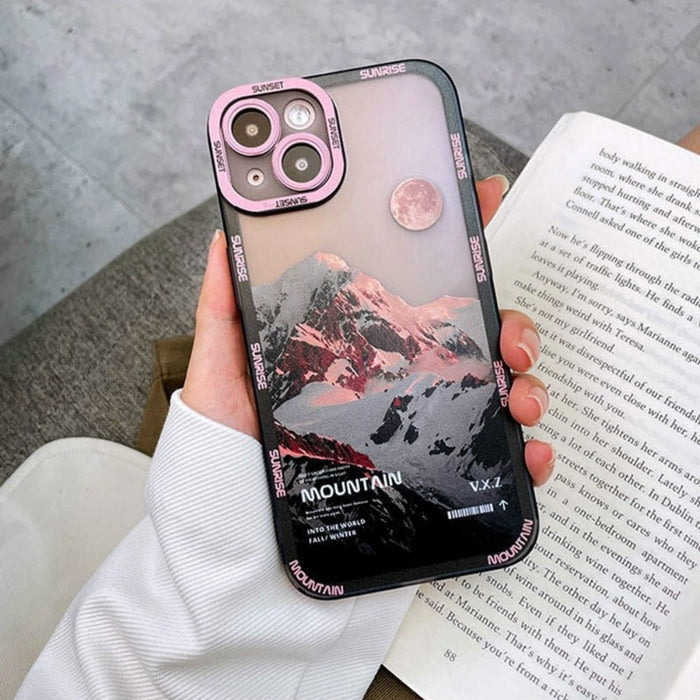 Snow Summit Theme Phone Cover For iPhone: black, dark gray mountain landscape, outdoor landscape graphic style