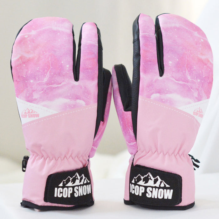 Snowboard Mittens with Cute Design: pink, black pair of gloves, sporty snow gear style